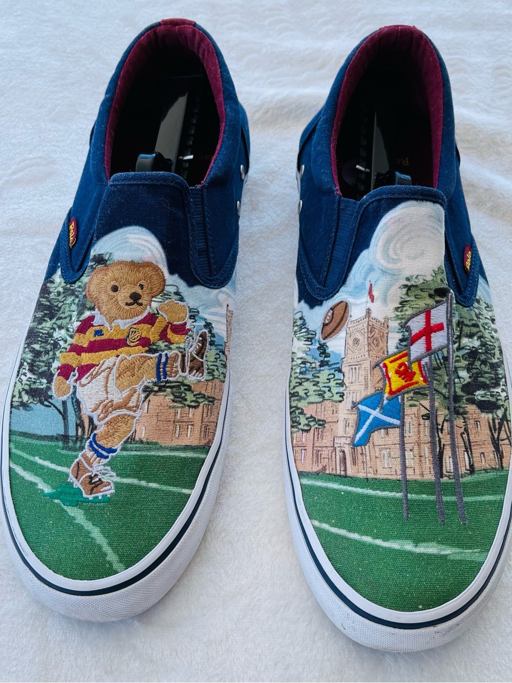Polo Ralph Lauren Thompson Rugby Kicker Bear Flag Mens 14D Slip On Canvas Shoes